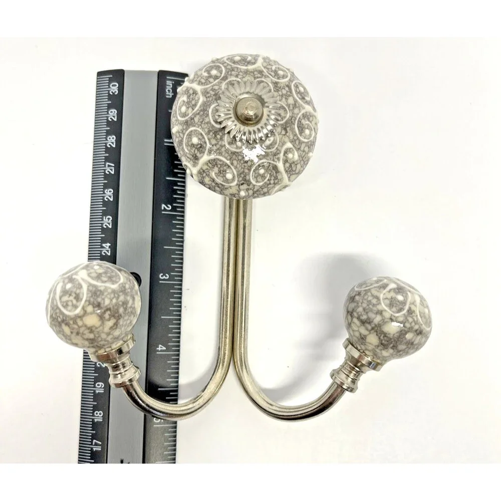 Ceramic Ornate Double Coat Hat Or Towel Hook Grey & White With Silver Hardware
